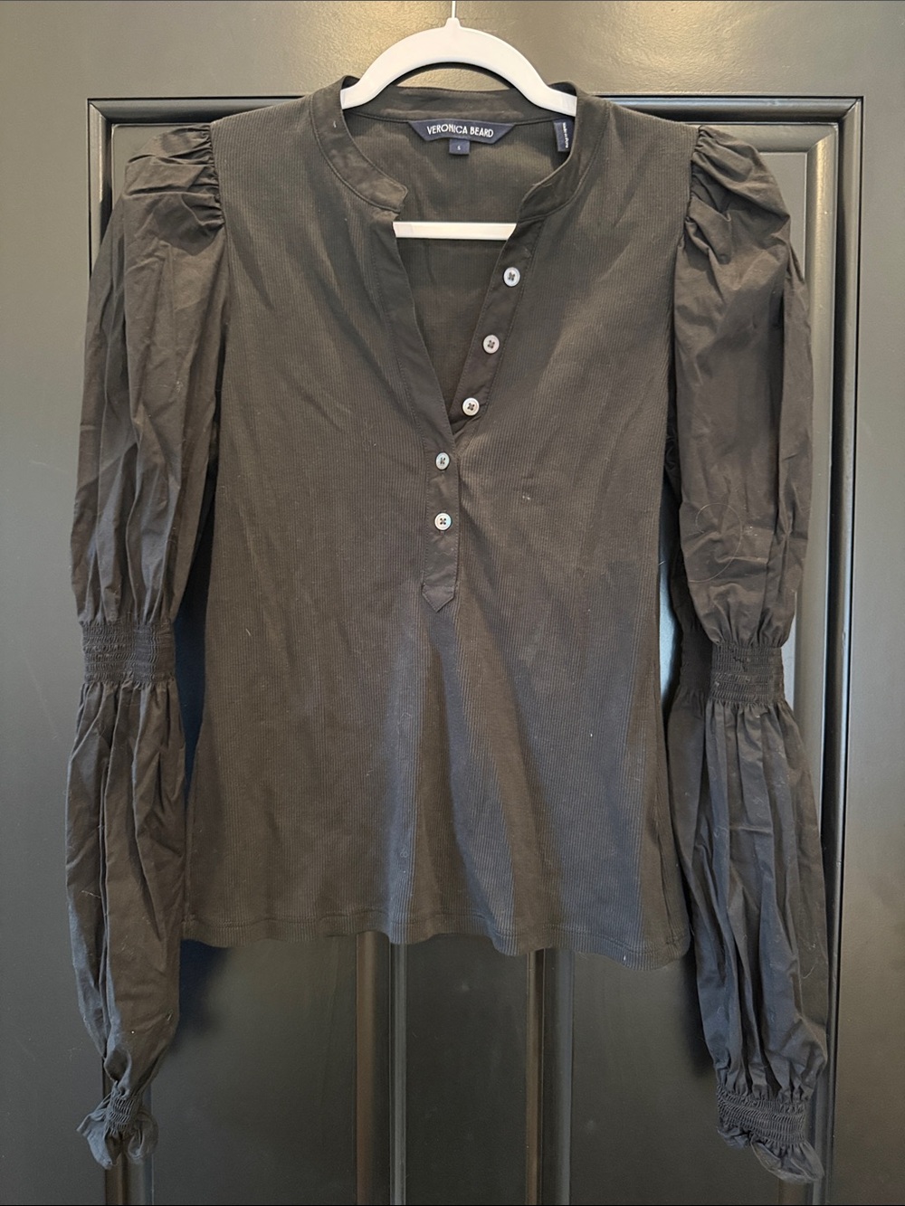 Veronica Beard Black Puff-Sleeve Button Henley Top